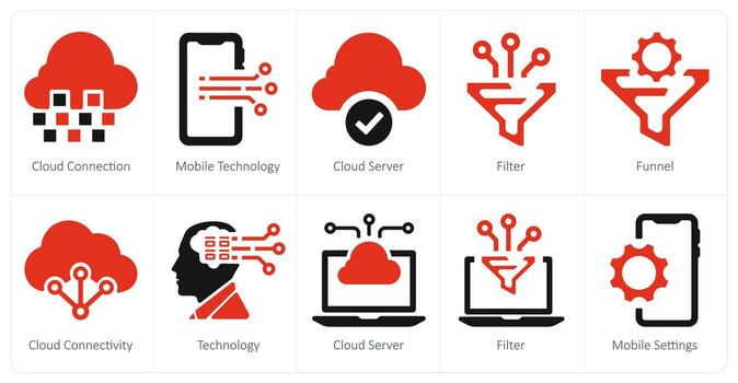 A set of 10 web marketing icons as cloud connection, mobile technology, cloud server vector