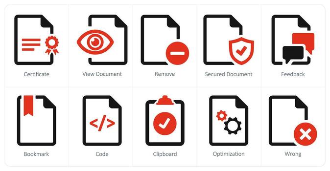 A set of 10 File icons as certificate, view document, remove vector