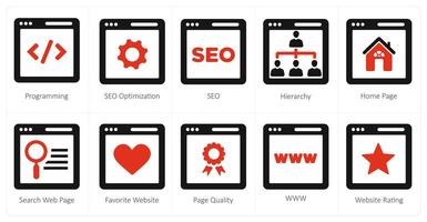 A set of 10 web marketing icons as programming, seo, hierarchy vector