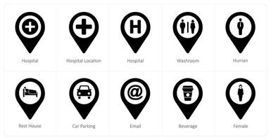 A set of 10 Location Pointer icons as hospital, hospital location, washroom vector