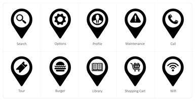 A set of 10 Location Pointer icons as search, options, profile vector