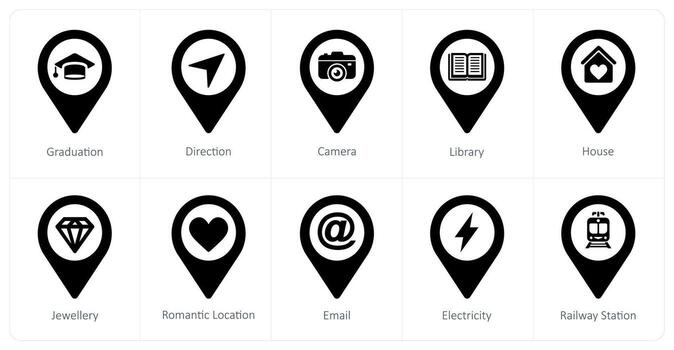 un conjunto de 10 ubicación puntero íconos como graduación, dirección, cámara vector