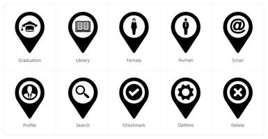 A set of 10 Location Pointer icons as graduation, library, female vector