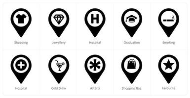 A set of 10 Location Pointer icons as shopping, jewellery, hospital vector