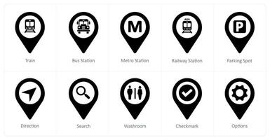 A set of 10 Location Pointer icons as train, bus station, metro station vector