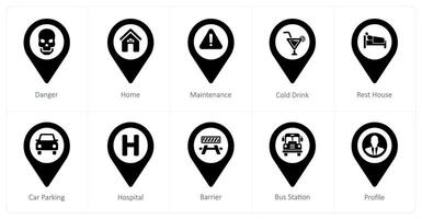A set of 10 Location Pointer icons as danger, home, maintenance vector