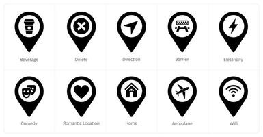 A set of 10 Location Pointer icons as beverage, delete, direction vector