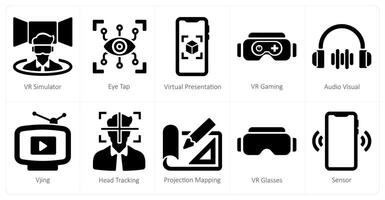 A set of 10 virtualreality icons as vr simulator, eye tap, virtual presentation vector