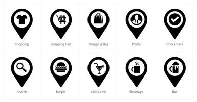 A set of 10 Location Pointer icons as shopping, shopping cart, shopping bag vector