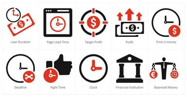A set of 10 web marketing icons as loan duration, page load time, target profit vector