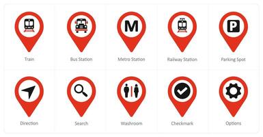 A set of 10 Location Pointer icons as train, bus station, metro station vector