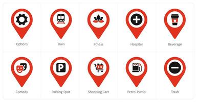 A set of 10 Location Pointer icons as options, train, fitness vector