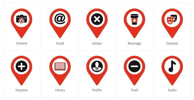 A set of 10 Location Pointer icons as camera, email, delete vector