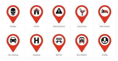 A set of 10 Location Pointer icons as danger, home, maintenance vector