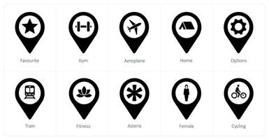 A set of 10 Location Pointer icons as favorite, gym, aeroplane vector