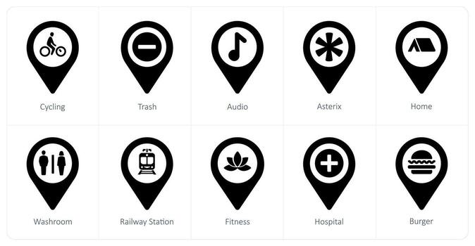 A set of 10 Location Pointer icons as cycling, trash, audio vector