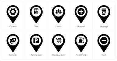 A set of 10 Location Pointer icons as options, train, fitness vector