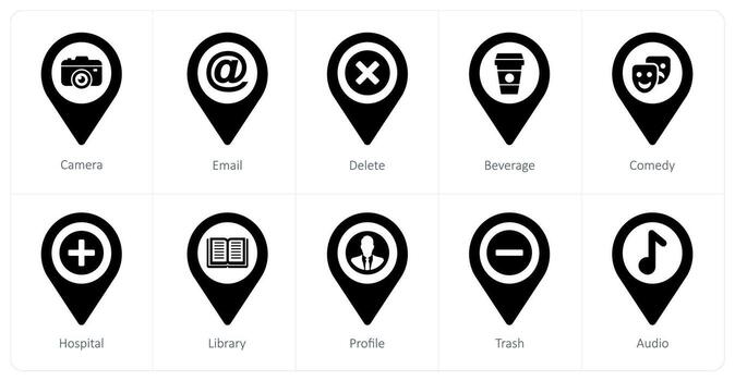 A set of 10 Location Pointer icons as camera, email, delete vector