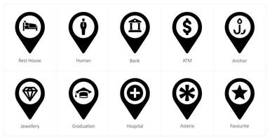 A set of 10 Location Pointer icons as rest house, human, bank vector