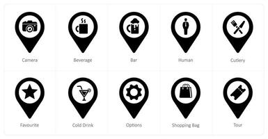 A set of 10 Location Pointer icons as camera, beverage, bar vector