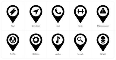 A set of 10 Location Pointer icons as tour, direction, call vector