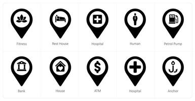 A set of 10 Location Pointer icons as fitness, rest house, hospital vector
