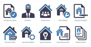 A set of 10 Real Estate icons as architectural terms, architect, family home vector