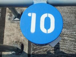 numeric number sign on blue round metal. The numeric is on white color. The object is on an outdoor area. photo