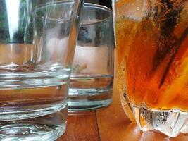 close up of a Glass of water on wooden table background. copy space for text. Refreshment concept idea photo