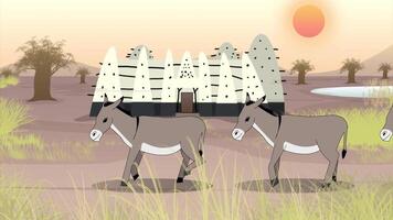cartoon group of donkeys walking in straight infront of a building video