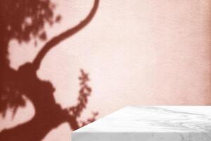 Minimal White Marble Table Corner with Shadow of Bonsai and Pink Light Beam on Concrete Wall Background photo