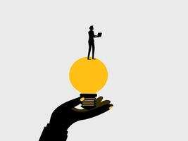 Think about creating content. Businessman with laptop on creative light bulb vector