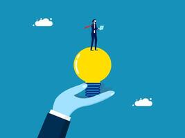 Think about creating content. Businessman with laptop on creative light bulb vector