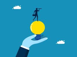 Anticipating a new future. man standing on light bulb with binoculars vector