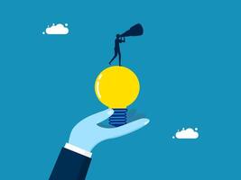 Looking at the new future. Businessman standing on light bulb with binoculars vector