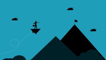 a man is standing on top of a mountain with a flag vector