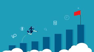 businessman jumping on a bar chart with red flag vector