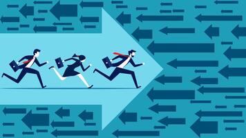 business people running on an arrow with arrows pointing in different directions vector