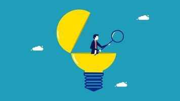 a man sitting in a light bulb with a magnifying glass vector