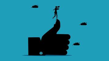 a hand with a thumb up and a person standing on it vector