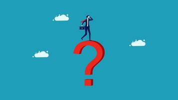 businessman standing on a question mark with clouds background vector