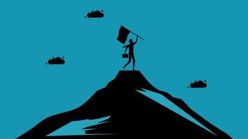 a man is standing on top of a mountain with a flag vector