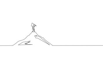 continuous line drawing of a man standing on top of a mountain vector