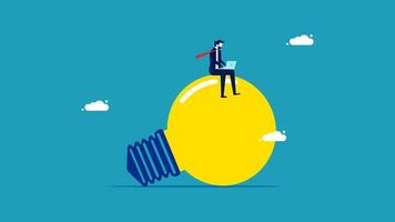 businessman sitting on top of light bulb with cloud in background vector