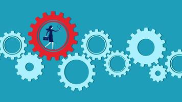 a person is standing in front of a red cog wheel vector