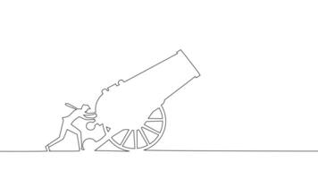 one line drawing of a man pushing a cannon vector