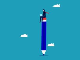 businessman on top of pencil with clouds in background vector