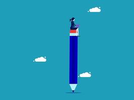 a person sitting on top of a pencil with clouds in the background vector