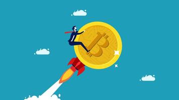 a man riding on a rocket with a bitcoin coin vector