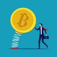 businessman holding a bitcoin coin and pushing a spring to release the coin vector
